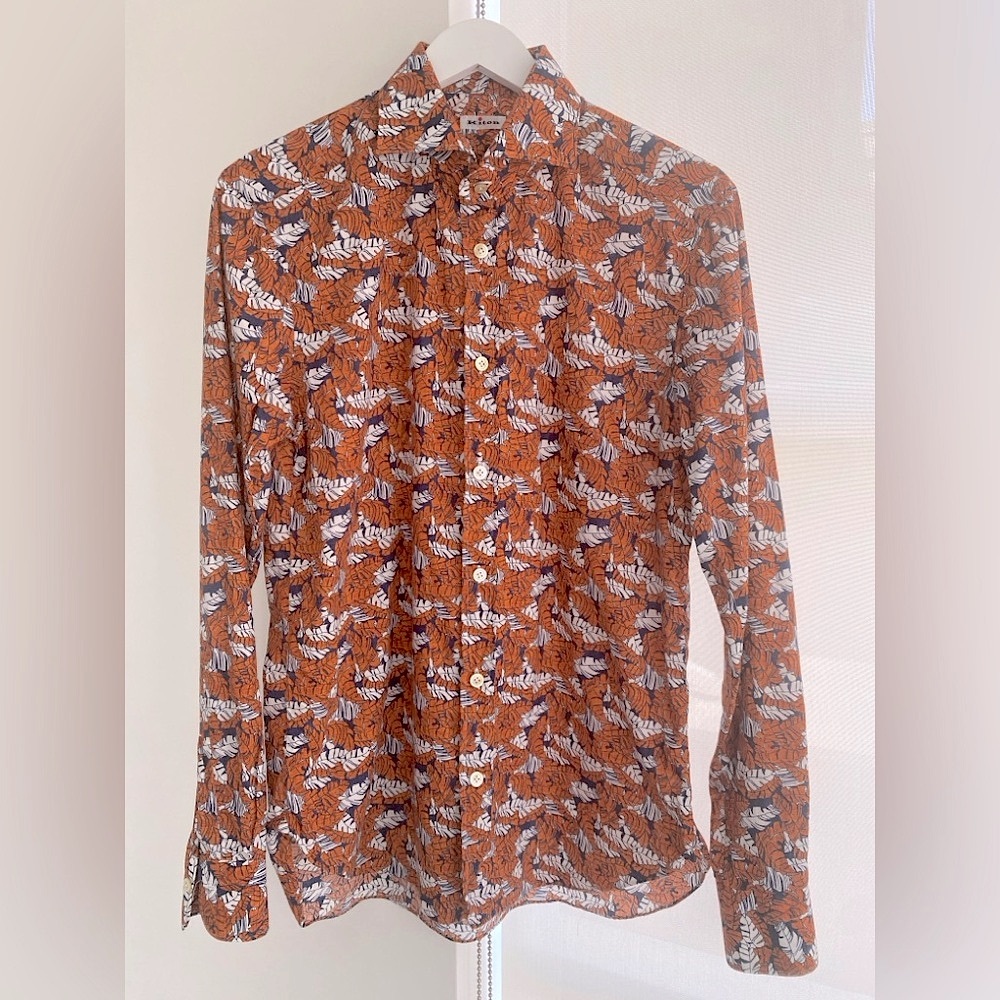 KITON Men’s Leaf-Print Sport Dress Shirt Size Medium Burnt Orange, Navy, White